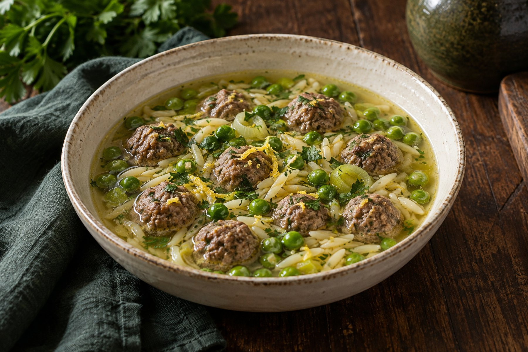 Small cooked venison meatballs in a light lemon broth with peas, fine pasta and fresh parsley, served in a cream bowl.
