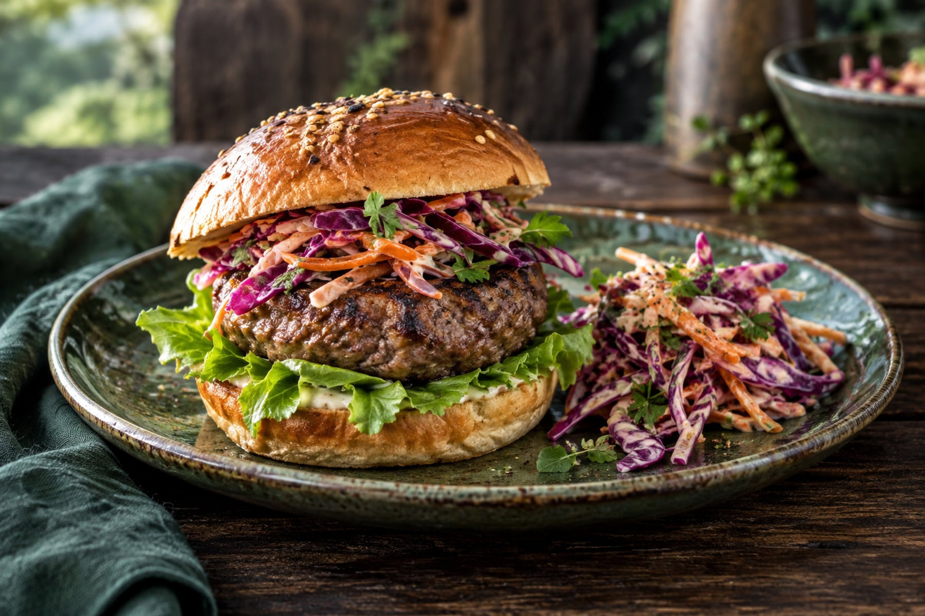 Grilled wild venison burger in a bun with lettuce and purple cabbage and carrot slaw.