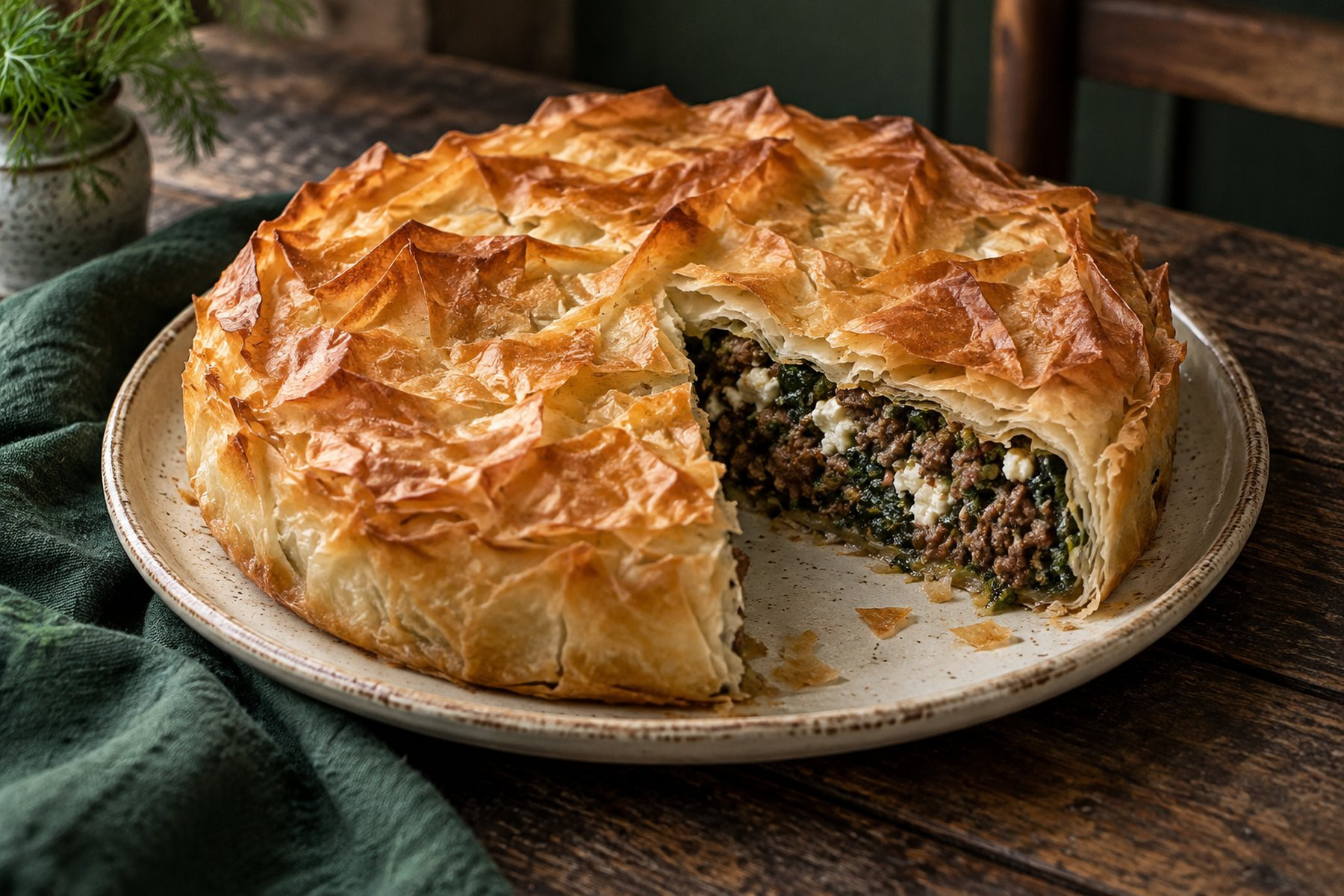 A round crinkled golden filo pie with a cut wedge revealing cooked venison mince, spinach and white feta.