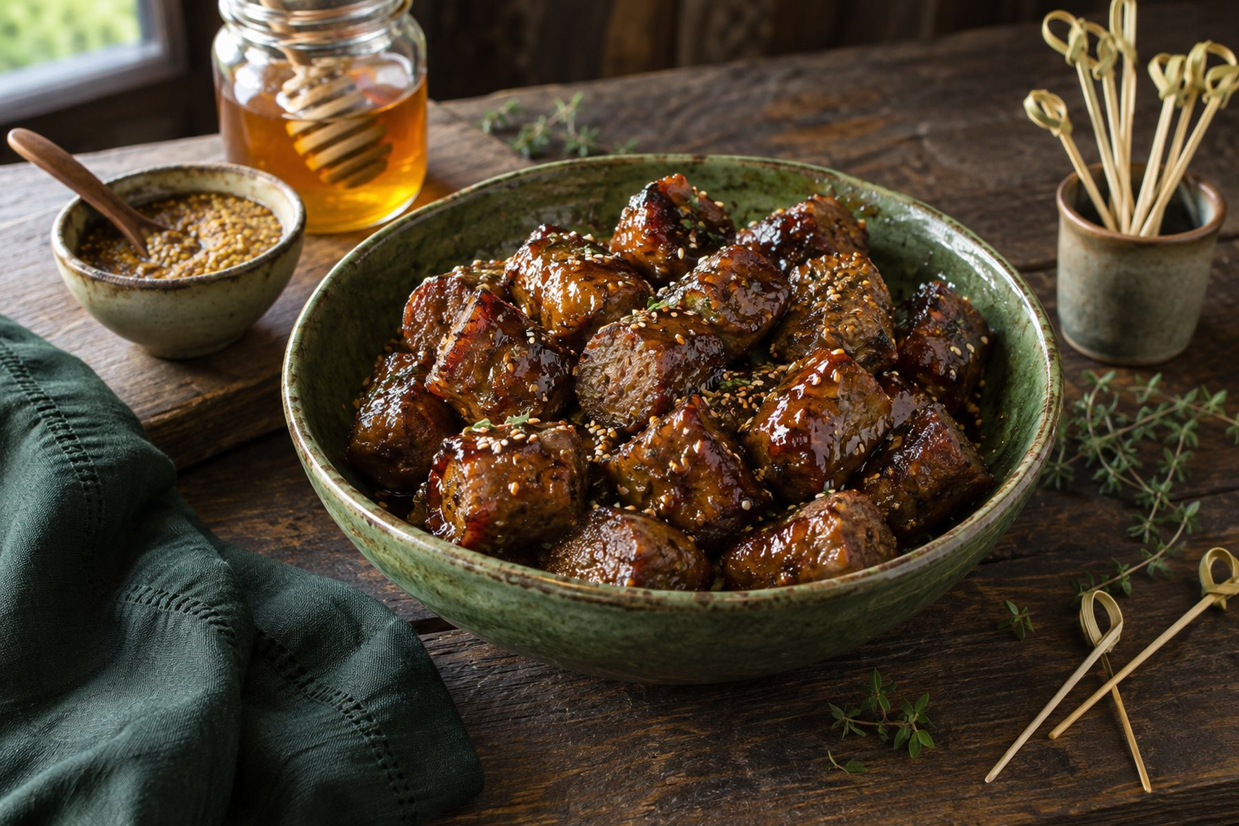 Glossy honey-mustard wild venison sausage bites topped with sesame seeds.