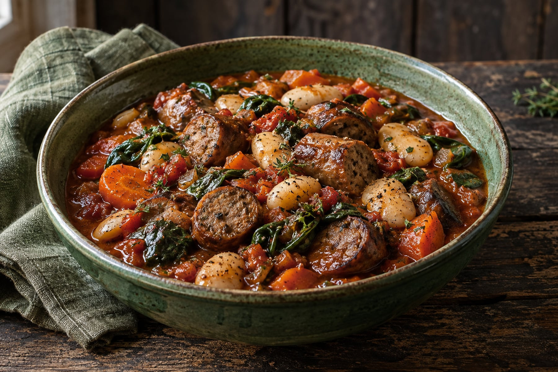 Wild venison sausage casserole with butter beans, tomatoes, carrots and spinach.