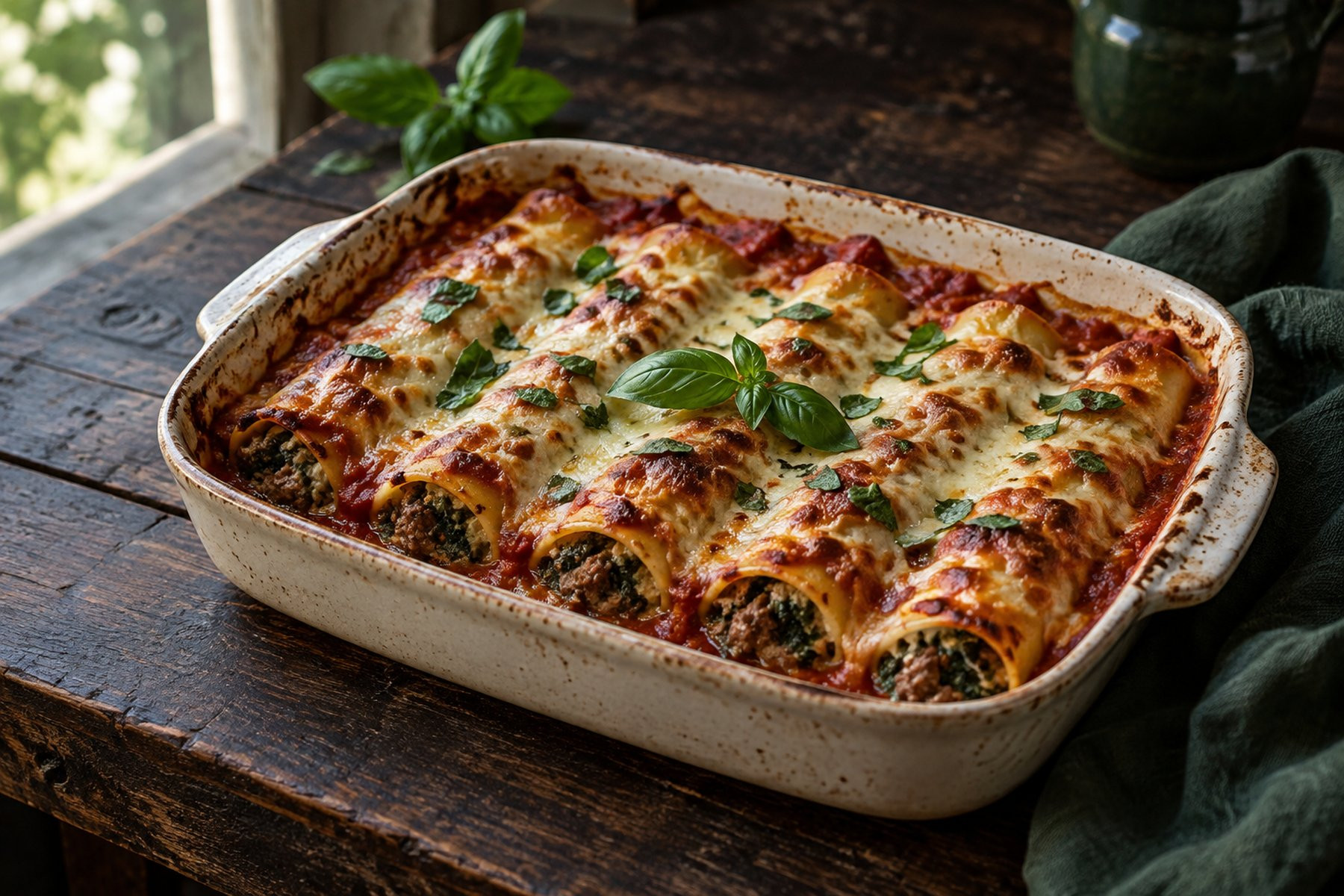 Baked cannelloni tubes with venison and spinach filling in tomato sauce, with melted mozzarella and basil.
