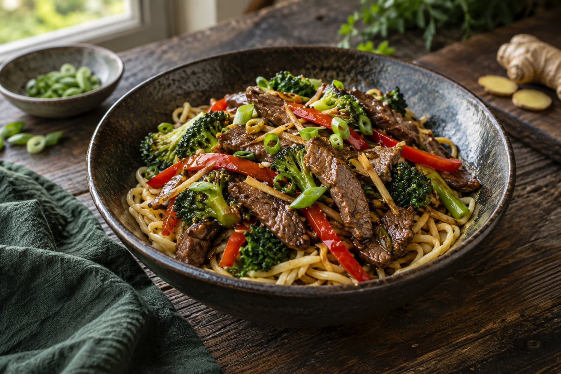 Chinese Water Deer stir-fry with broccoli, red peppers, ginger and egg noodles.