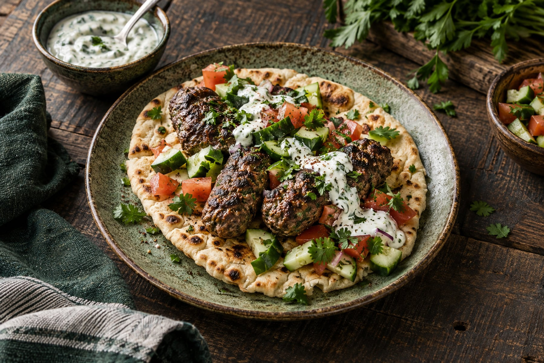 Grilled wild venison kofta on flatbread with cucumber, tomato, herbs and yoghurt sauce.