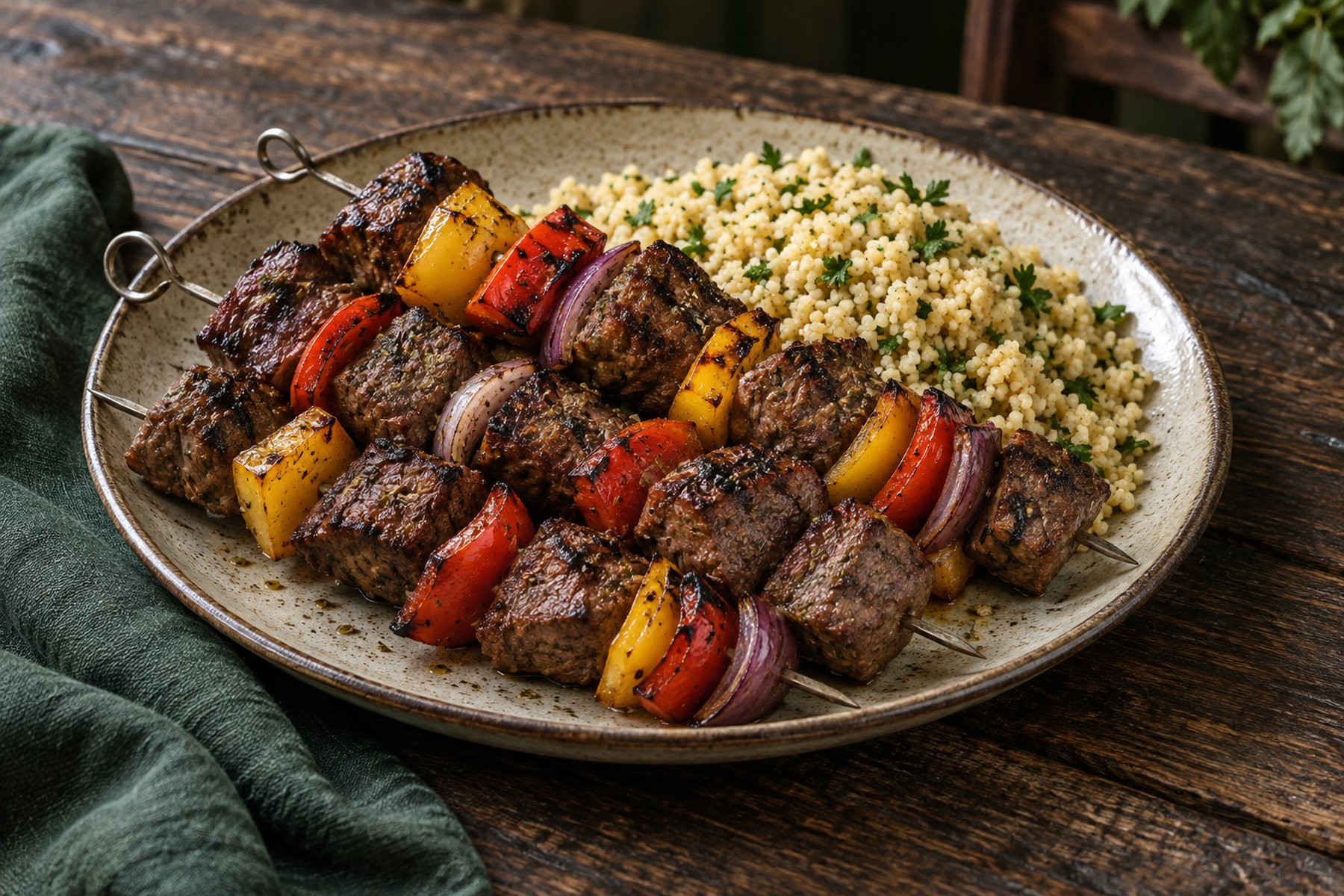 Grilled skewers of cooked venison steak cubes, red and yellow peppers and red onion alongside lemon couscous.