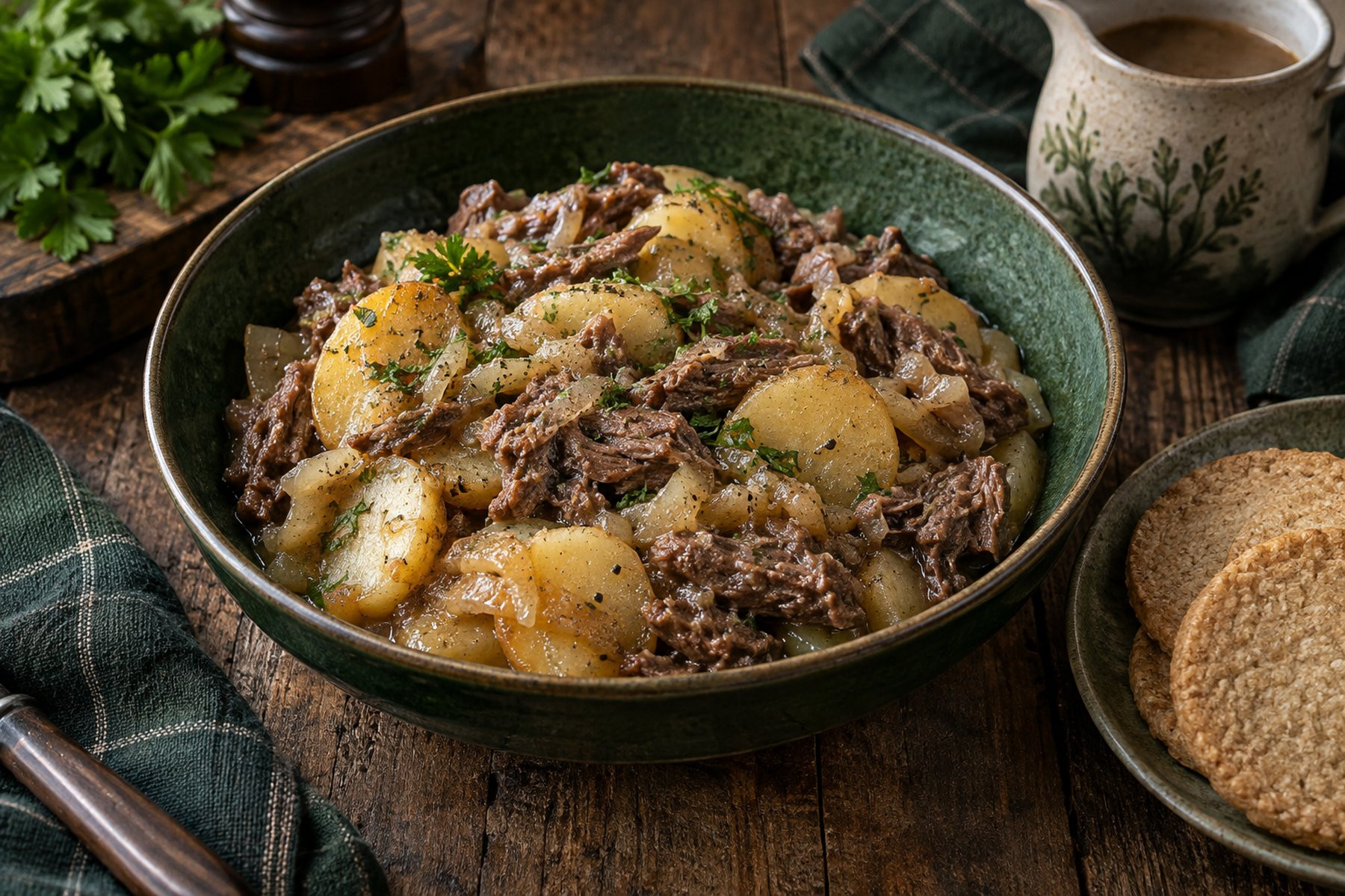 Wild venison stovies with soft potatoes and onions, served with oatcakes.