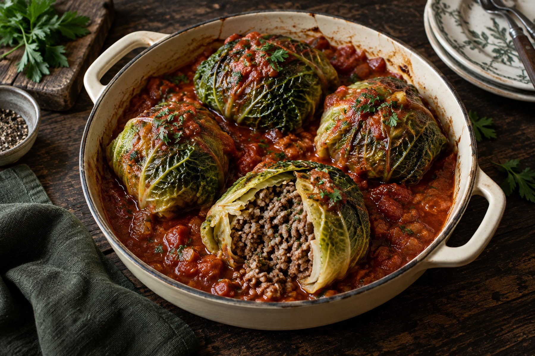 Savoy cabbage parcels filled with cooked wild venison and rice in tomato sauce.