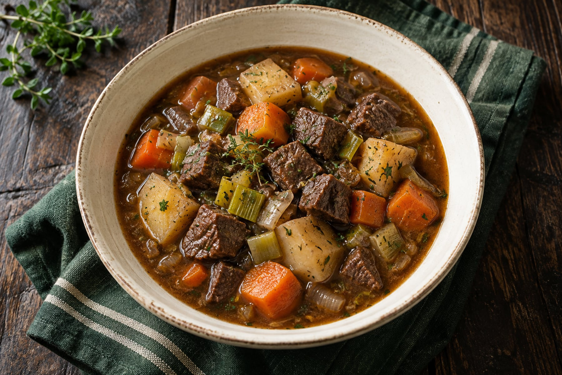 Wild venison stew with potatoes, carrots and leeks in a rustic cream bowl.
