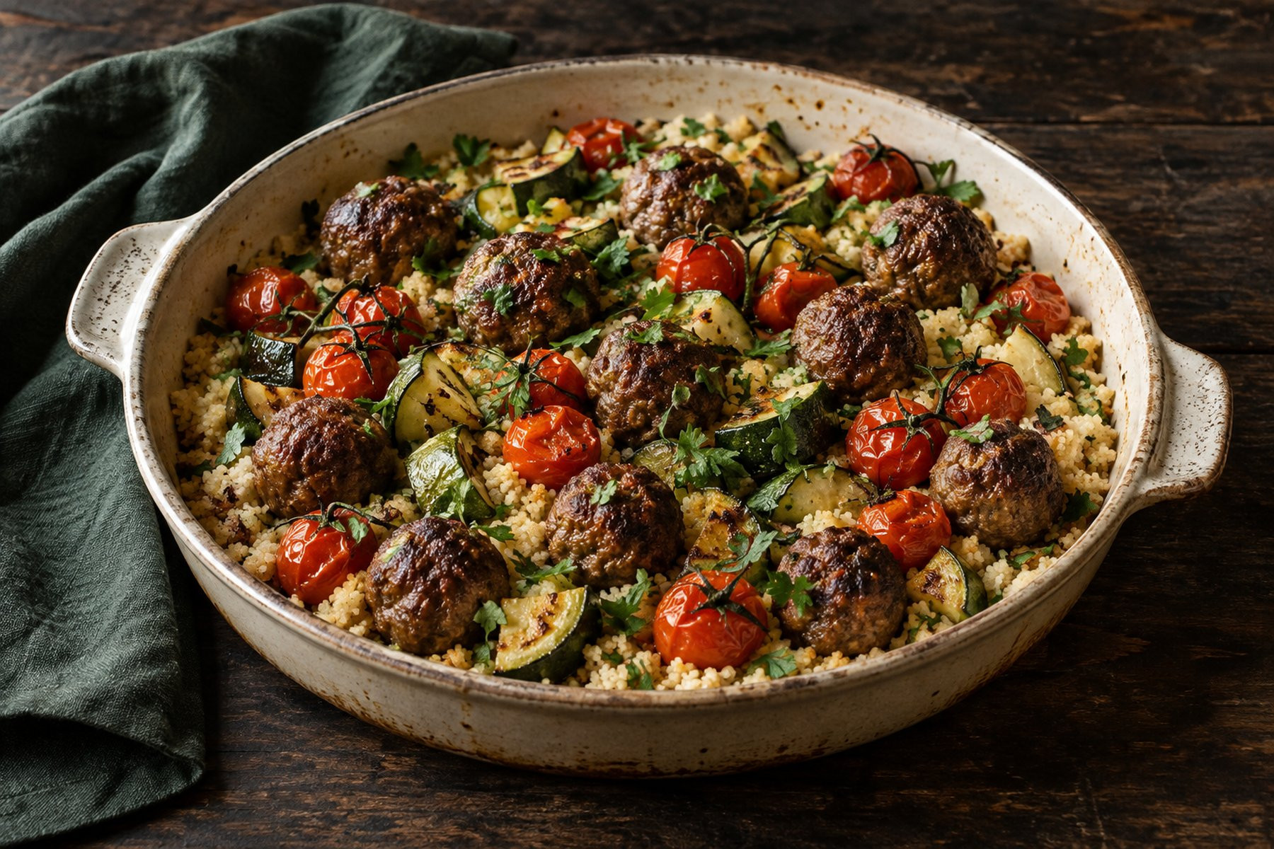 Roasted venison meatballs, courgette and cherry tomatoes arranged over fluffy couscous with parsley.