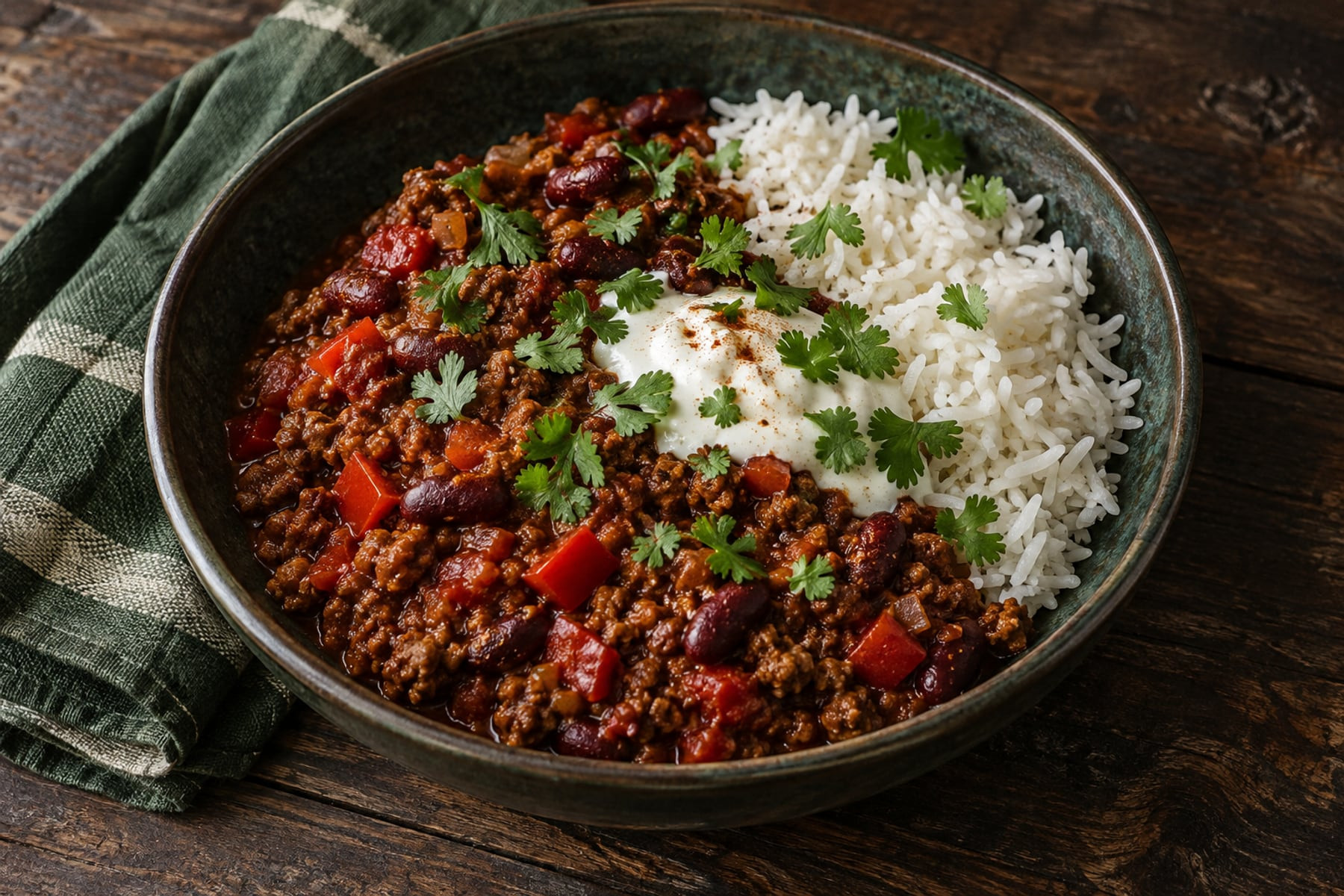 Wild venison chilli with kidney beans, white rice, yoghurt and coriander.