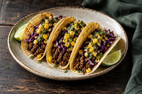 Three soft corn tacos with cooked spiced venison mince, yellow sweetcorn salsa, red cabbage and lime wedges.