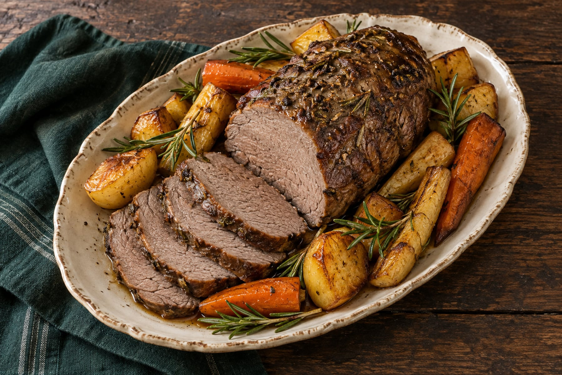 Sliced roast Fallow Deer haunch with potatoes, carrots, parsnips and rosemary.