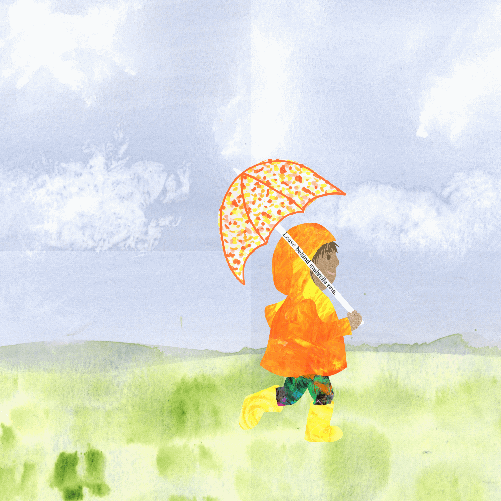 Child in rain with umbrella that floats off the screen and child runs off the other side.