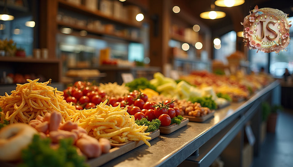 Wide angle view of a food stand showcasing various diet options