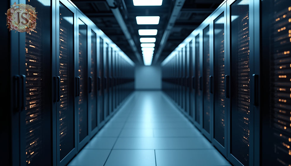 High angle view of a data centre with rows of servers