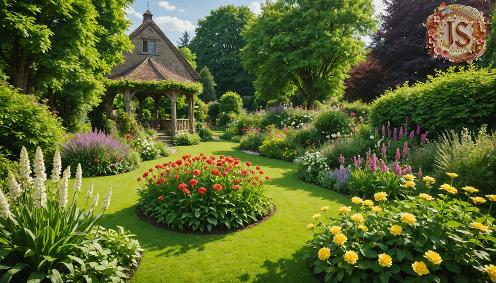 Wide angle view of a lush garden filled with various blooming flowers
