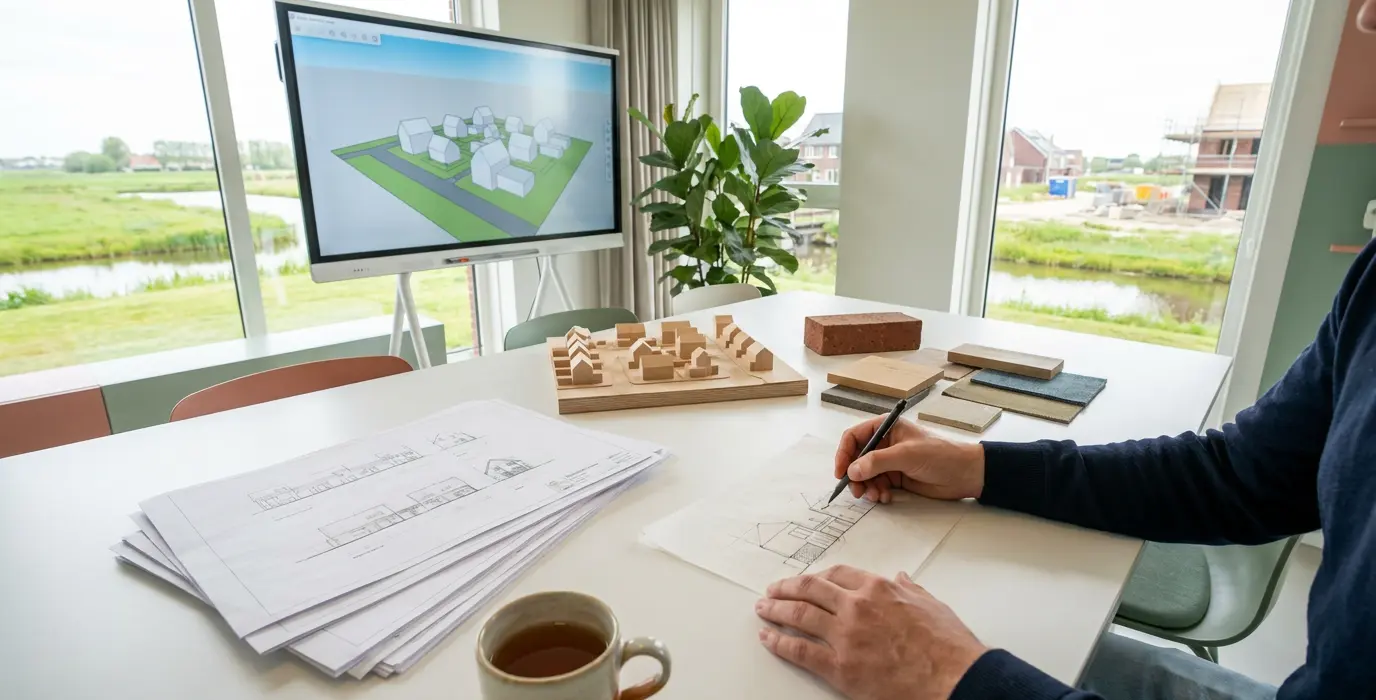 Werktafel met bouwtekeningen, maquette en ontwerpvisualisatie voor conceptontwikkeling in bouw, vastgoed en leefomgeving