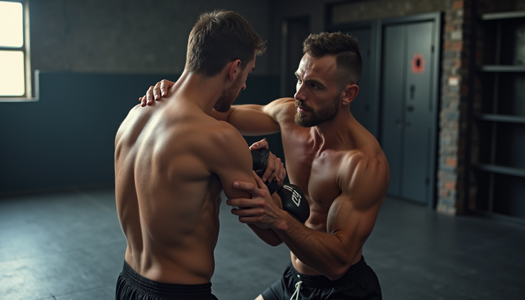Eye-level view of two athletes grappling in a gym setting