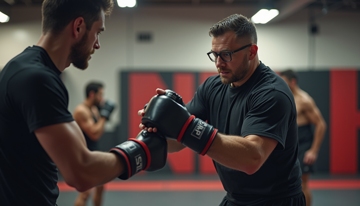 Eye-level view of a self-defense class in session with a single instructor demonstrating a technique