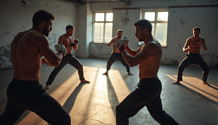 High angle view of a group of diverse students practicing self-defense stances in a spacious gym