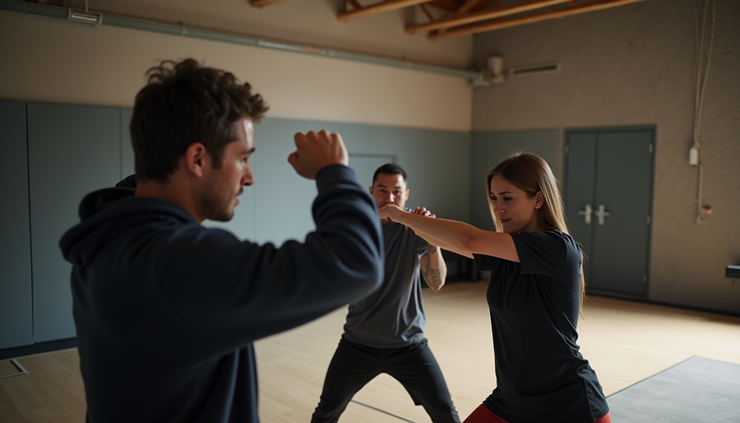 Close-up view of a self-defense class practicing situational awareness in Halifax