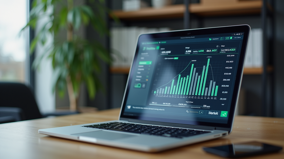 Eye-level view of a modern office desk with a laptop displaying financial software