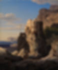 A historic painting capturing an imposing cliffside fortress in Amalfi, set against the deep blue sea with rocky terrain in the foreground, conveying the strategic maritime importance of Amalfi.