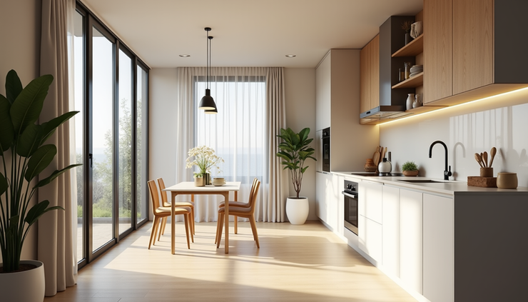 Eye-level view of a modern kitchen with natural light in a rental property