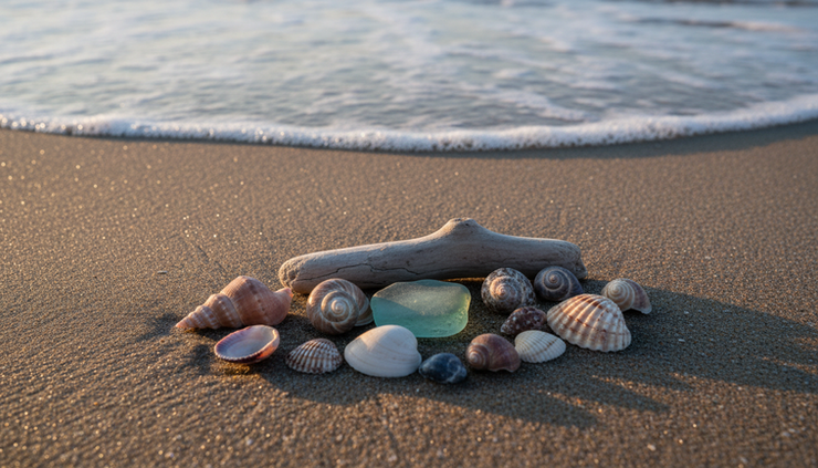Close-up view of shells and sea glass on wet sand.
