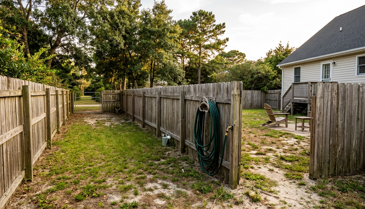 Wide-angle view of a fenced backyard at a coastal rental home