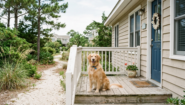 Eye-level view of a dog sitting on the porch of a coastal rental home