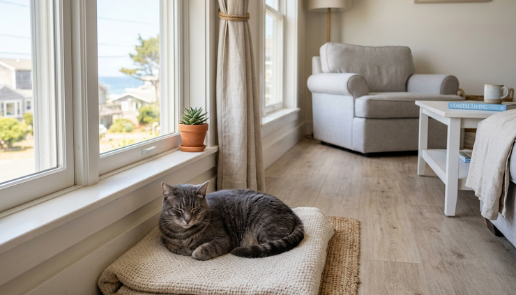 Close-up of a cat resting beside a sunny window in a clean rental living room