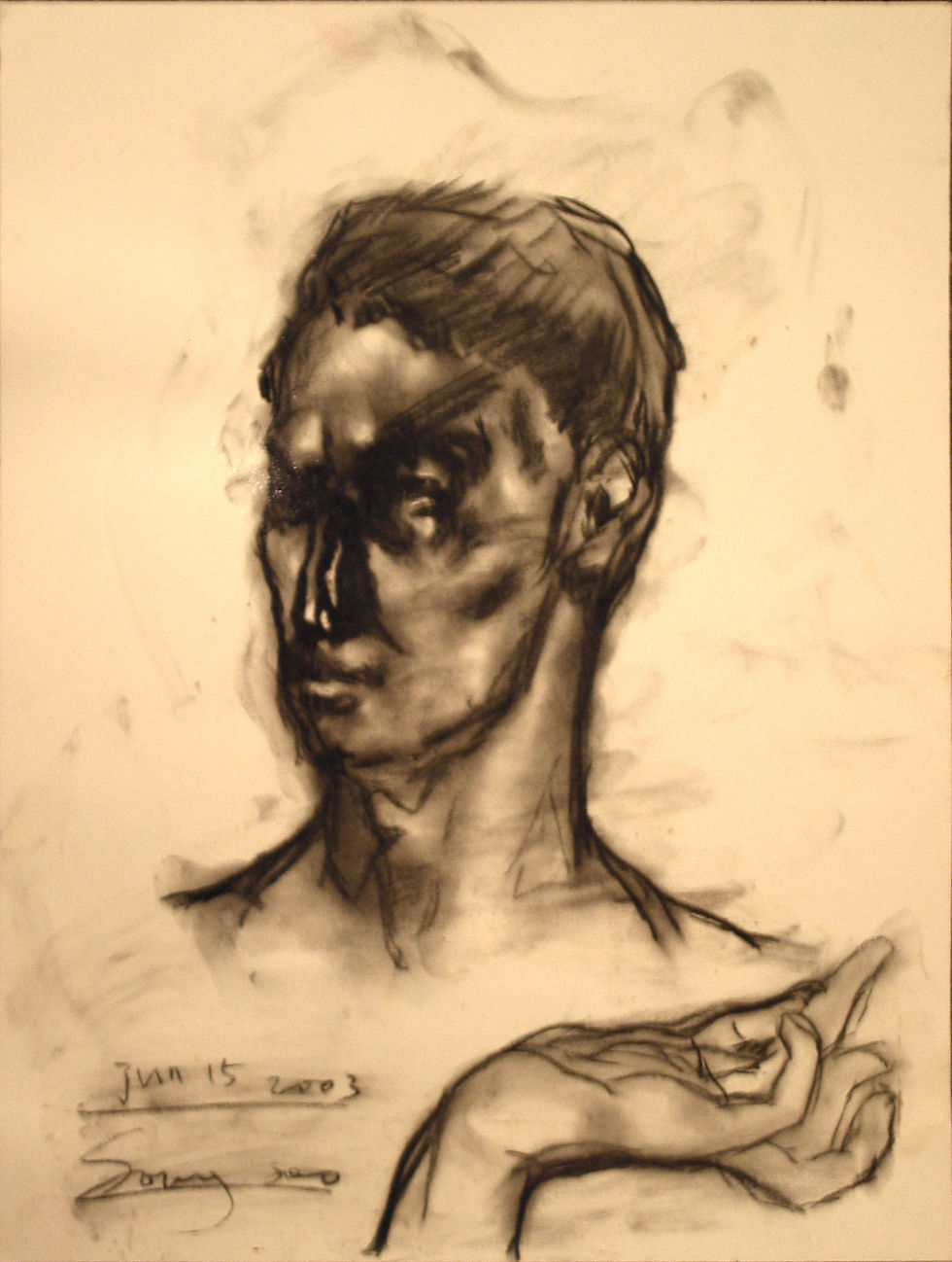 MAN WITH HAND 10 by 10 cm  charcoal on paper 2003.jpg