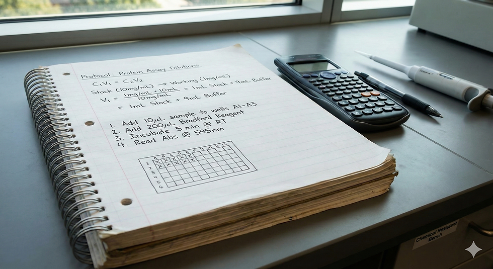 Notebook with an assay protocol on a lab bench, next to a calculator, pen, and pipette.