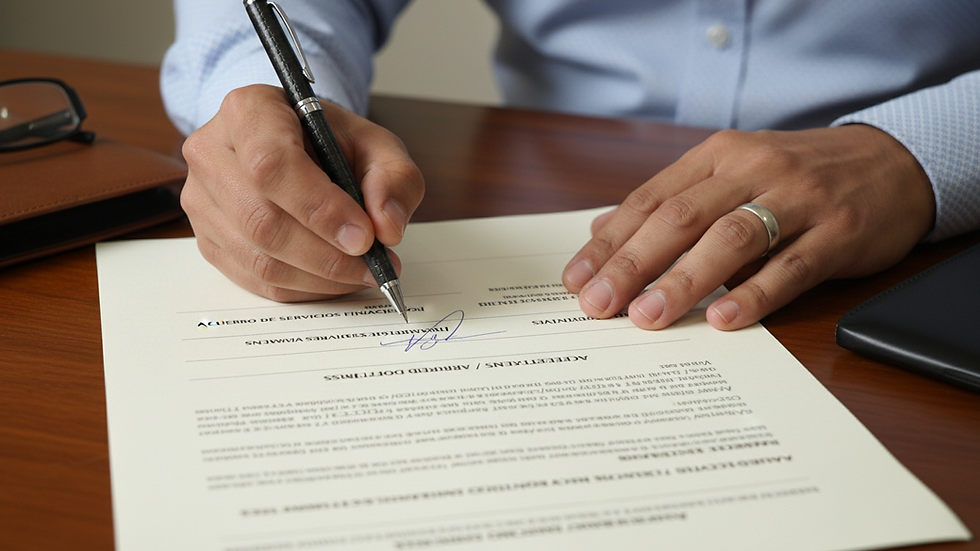 Close-up view of hands holding a pen and signing a financial document