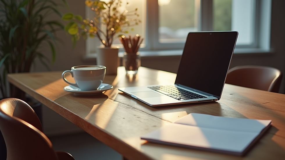 Vista aérea de una mesa con cuadernos, laptop y café, representando planificación de contenido para redes sociales