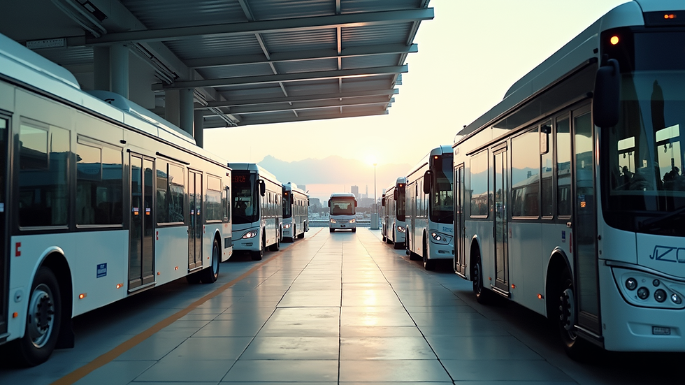 Vista panorámica de una terminal de autobuses moderna con filas de autobuses estacionados