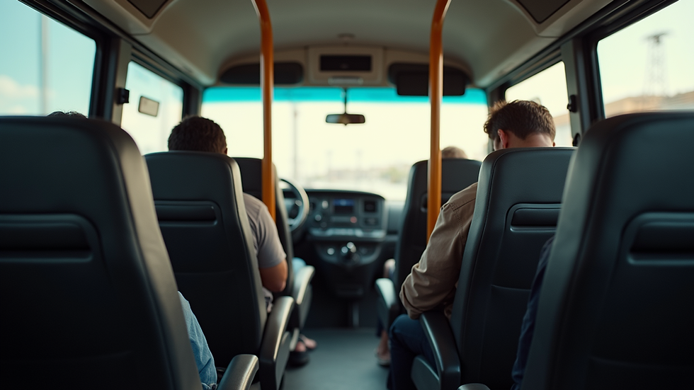 Interior de un autobús con asientos cómodos y espacio para pasajeros