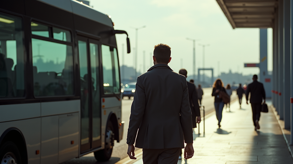 Vista lateral de pasajeros abordando un autobús en la terminal