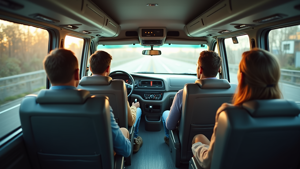 Interior de un autobús con asientos reclinables y espacio amplio