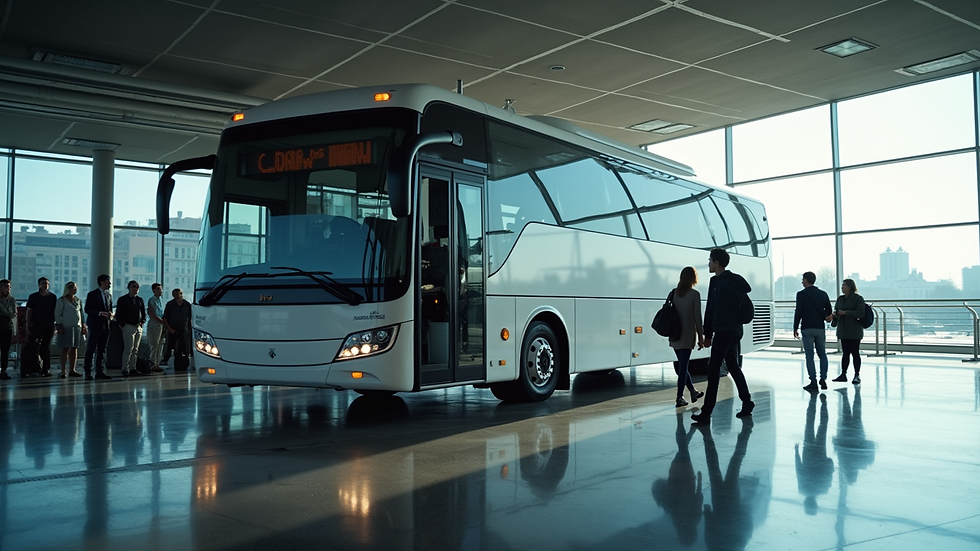 Vista lateral de un autobús moderno estacionado en una terminal con pasajeros abordando