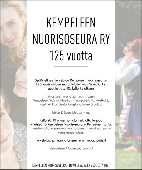 Seura täyttää 125 vuotta!
Tervetuloa juhliin 5.10.2019.