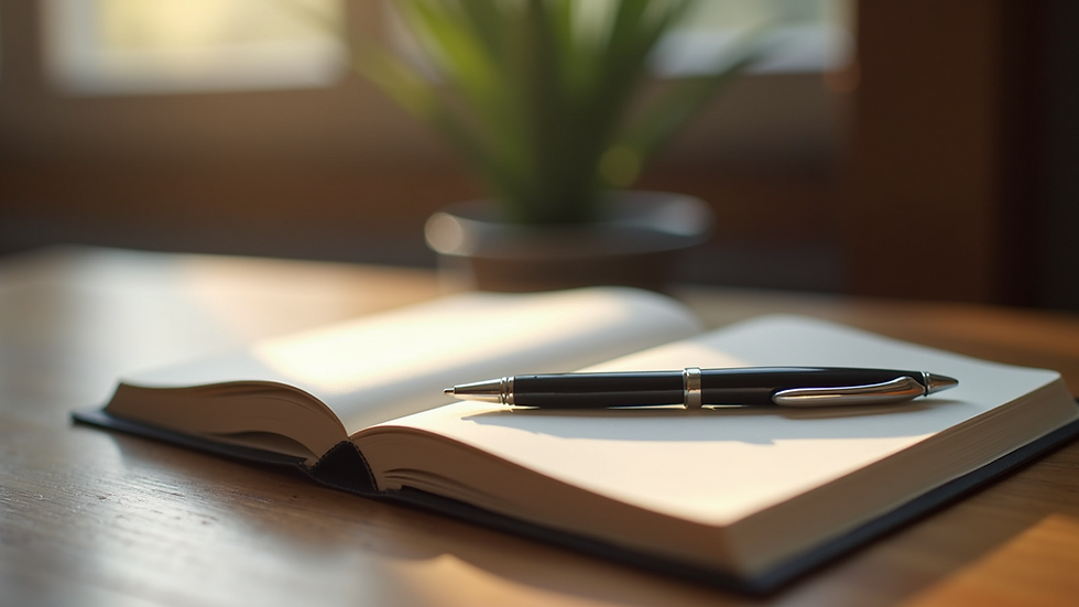 Close-up view of a journal and pen on a wooden table