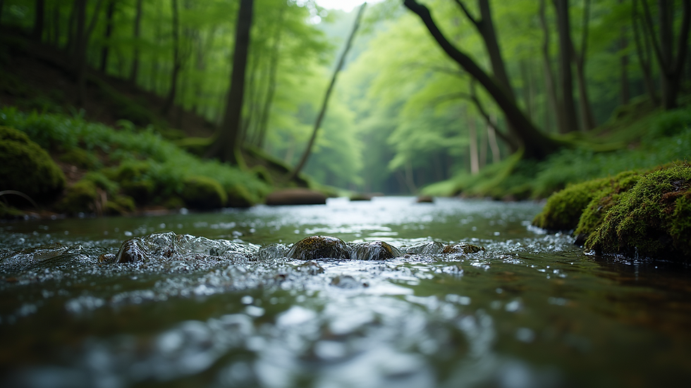 Eye-level view of a serene river flowing through a lush forest