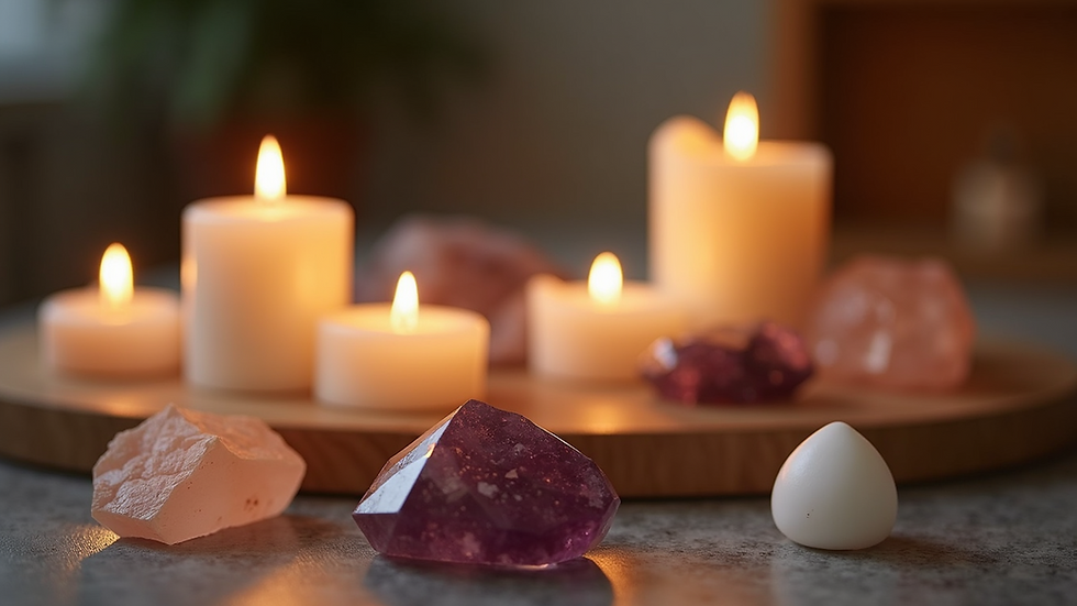 Close-up view of a meditation altar with candles and crystals
