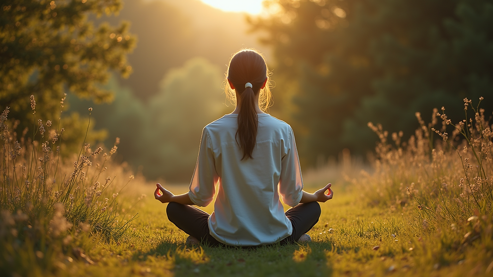 High angle view of a person meditating outdoors surrounded by nature