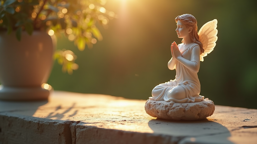 Close-up view of a crystal and angel figurine on a meditation altar