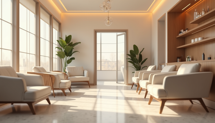 Eye-level view of a modern beauty lounge interior with soft lighting