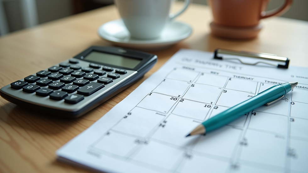 High angle view of a calendar and calculator on a desk, representing planning and budgeting for therapy