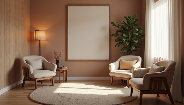 Eye-level view of a cozy therapy consultation room with comfortable chairs and soft lighting